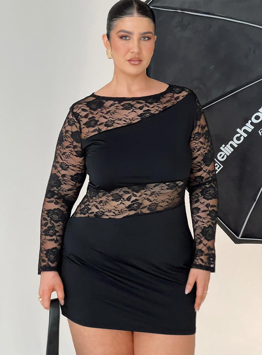 Covington Uzun Kollu Mini Elbise Siyah Kavisli