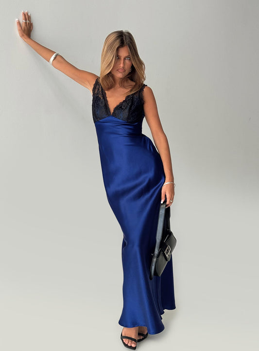 Voila Dantelli Maxi Elbise Lacivert / Siyah