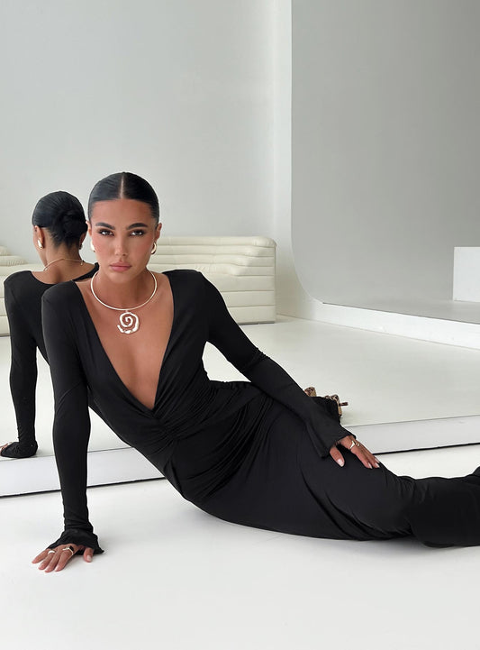 Lezure Dalma Uzun Kollu Maxi Elbise Siyah