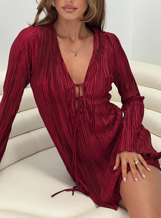 Malop Uzun Kol Mini Elbise Bordo