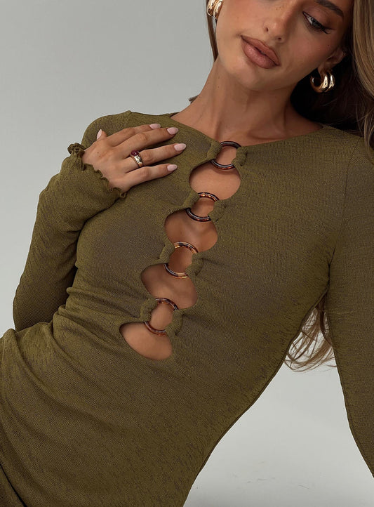 Dejonge Yüzüklü Mini Elbise Zeytin Yeşili