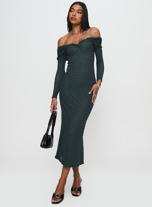 Elexis Omuzu Açık Uzun Elbise Mavi