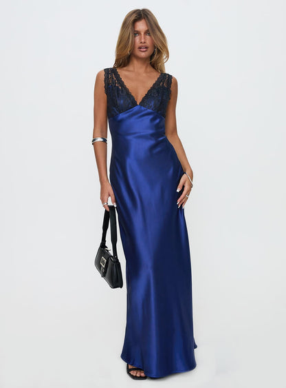 Voila Dantelli Maxi Elbise Lacivert / Siyah