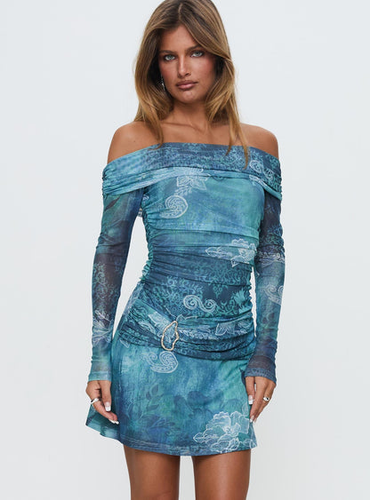 Olympique Uzun Kollu Mini Elbise Mavi Karma