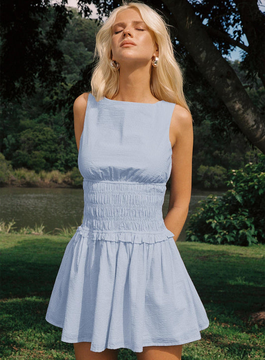 Yennifer Büzgülü Mini Elbise Mavi/Beyaz Uzun Boy