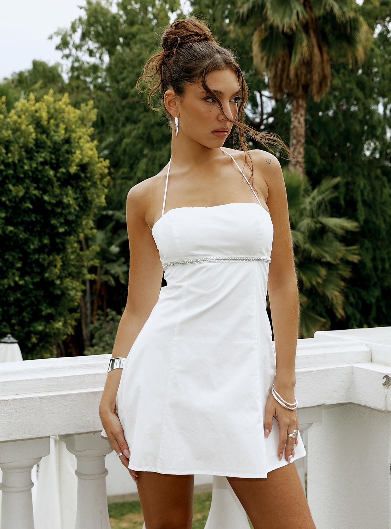 Just Promise Diamante Detaylı Mini Elbise Beyaz