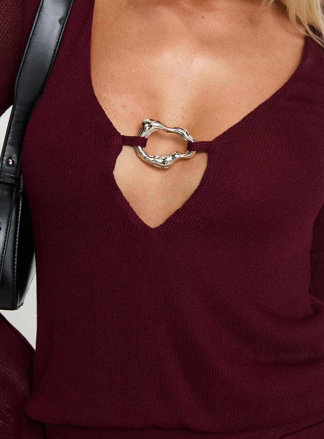 Büyüleyici Uzun Kollu Mini Elbise Bordo