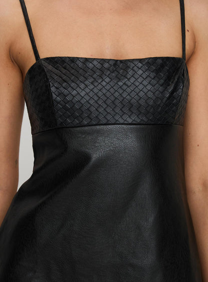 Isak Dokuma Suni Deri Mini Elbise Siyah