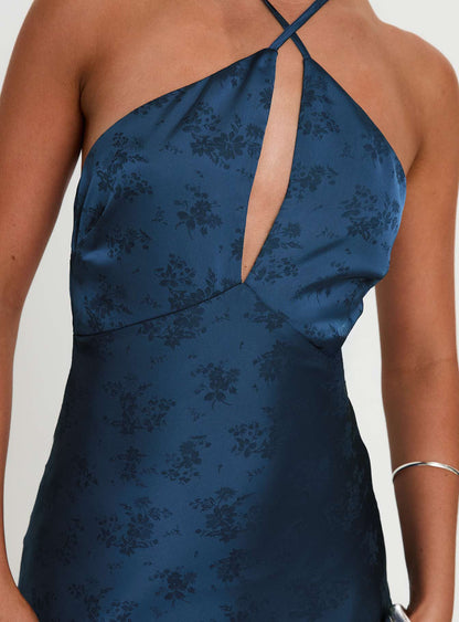 Limosina Boyundan Bağlamalı Maxi Elbise Lacivert