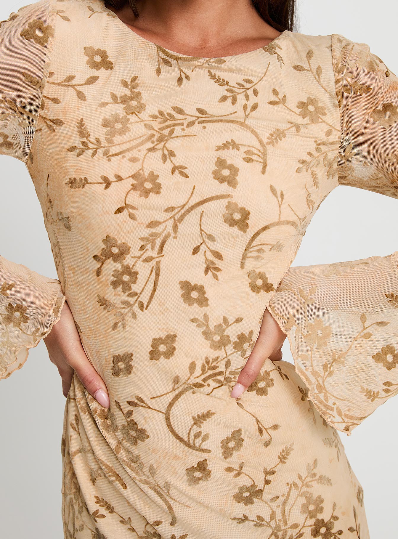 Folklor Uzun Kollu Mini Elbise Krem