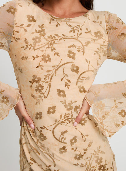 Folklor Uzun Kollu Mini Elbise Krem