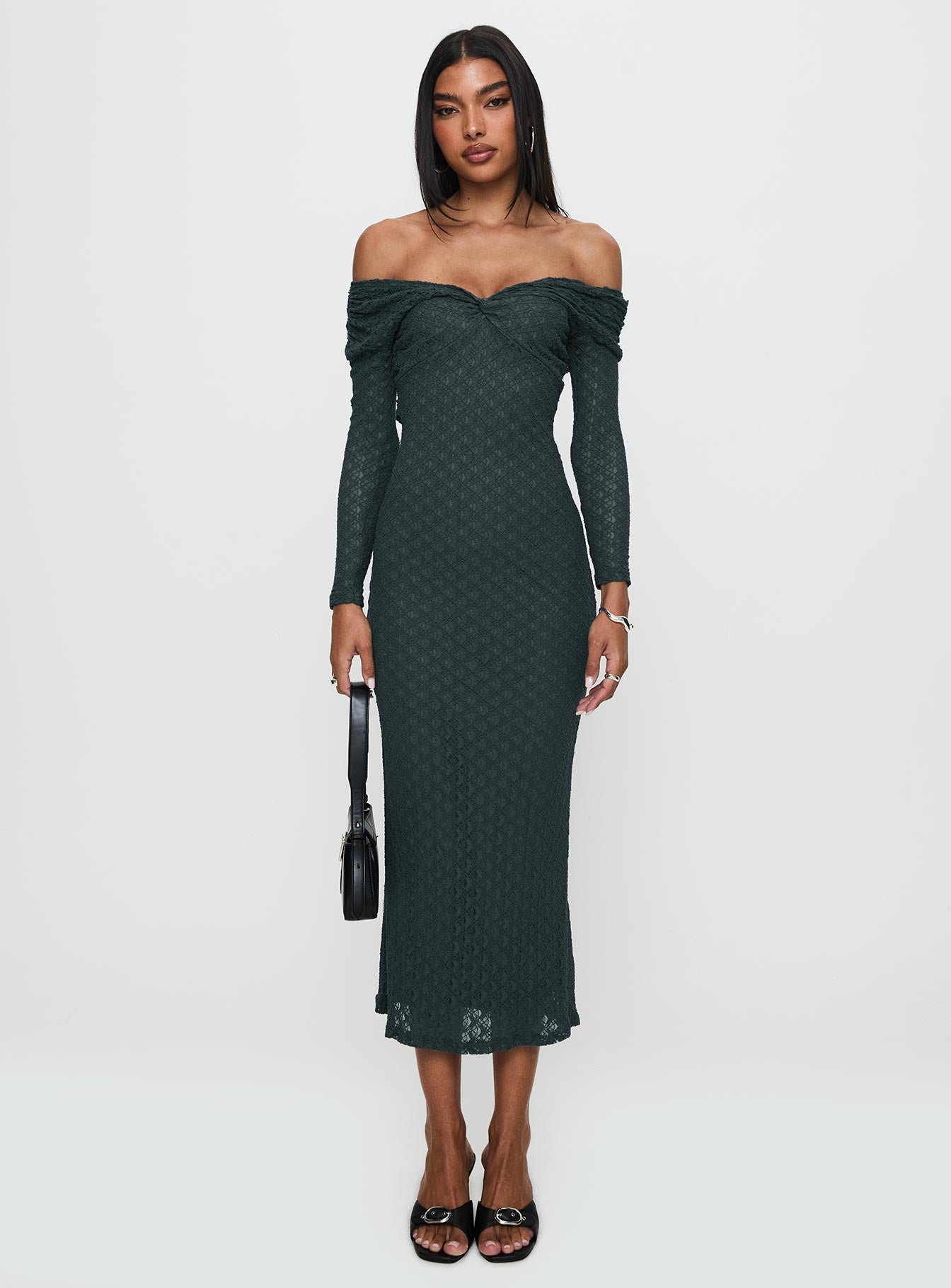 Elexis Omuzu Açık Uzun Elbise Mavi